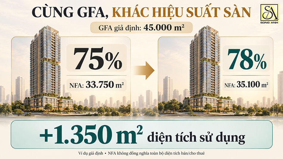 Ví dụ tăng hiệu suất sàn từ 75% lên 78%, bổ sung 1.350 m² NFA